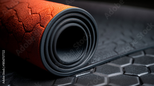 Rolled exercise mat with textured surface in orange and black color scheme