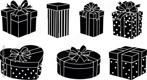 Gift boxes silhouette set with ribbons and bows in various shapes and patterns vector illustration