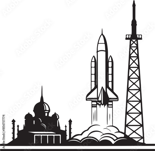 Futuristic rocket launching from moon base silhouette vector