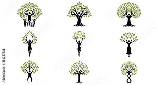 Family Tree and Human Silhouette Logo Icons Set Community Growth Nature Wellness and Sustainability Vector Design
