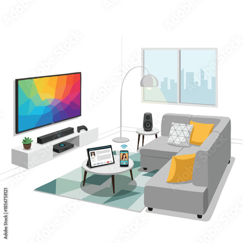 Modern living room with a colorful TV, video call, and comfy gray sofa