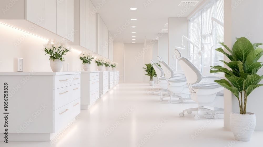 Fototapeta premium A modern dental clinic featuring bright interiors, white cabinetry, dental chairs, and decorative plants, creating a clean and inviting atmosphere.