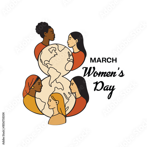 Illustration of Diverse Women Around Globe-Shaped Number Eight for International Women's Day