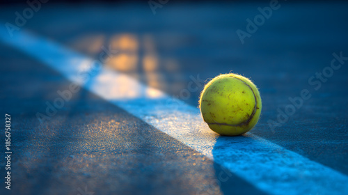 A single tennis ball rests on the dark blue court surface during a dramatic light