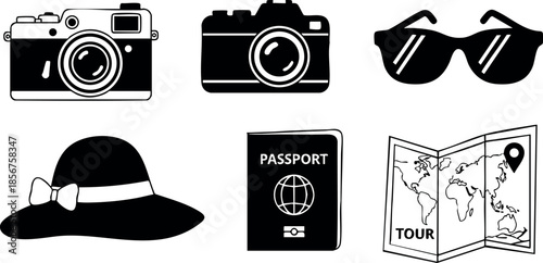 Travel icons set with camera sunglasses passport map and sun hat vector illustration for vacation and tourism design