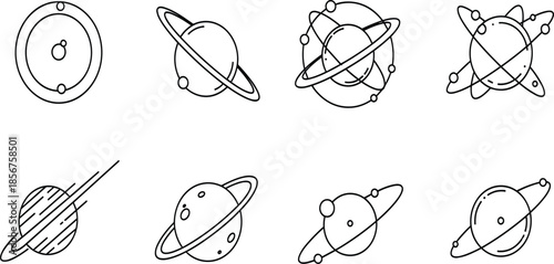 Minimal Saturn Planet Line Icon Set with Rings Showing Atomic Style Space Symbols for Astronomy, Science, Technology and Modern Graphic Design Projects
