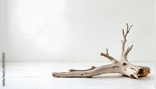 Dry wooden branch or driftwood isolated on white floor and background, natural rustic decoration element, minimalism art concept.