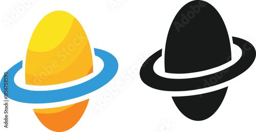 Saturn Planet Icon Set in Color and Black Silhouette Styles Showing Ringed Space Symbols for Astronomy, Science and Modern Graphic Design