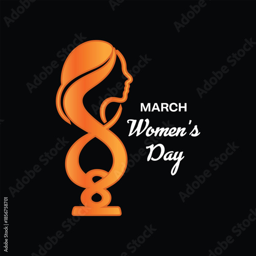 Stylized Women's Day Graphic with Orange Number Eight and Female Profile on Black Background