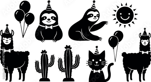Sloth alpaca cat balloons cactus sun silhouette party vector design animal celebration illustration