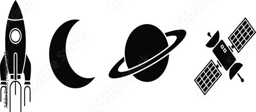 Space Exploration Icon Set with Rocket, Moon, Saturn Planet and Satellite Silhouettes Showing Astronomy, Science and Modern Minimal Graphic Design Symbols