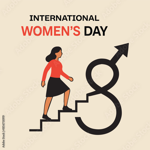 tylized Women's Day Illustration with Woman Climbing Staircase into Symbol on Beige Background