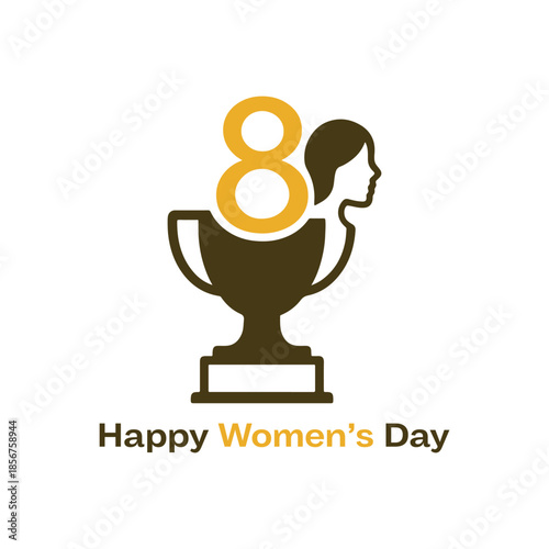 Stylized Women's Day Graphic with Trophy, Orange Number Eight, and Female Silhouette