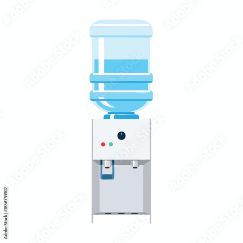 A water cooler with a large blue water bottle on top and a white body