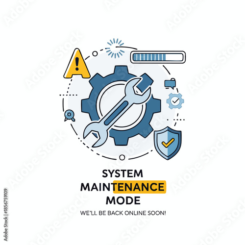 Graphic illustrating system maintenance wrench, gear, warning, loading bar