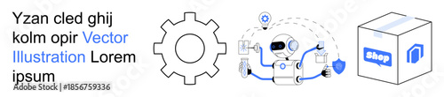 AI, automation, e-commerce, machinery, robotics, technology. A gear icon, robot managing tasks and a package with a Shop label. AI and automation conceptualized through robotics and gear