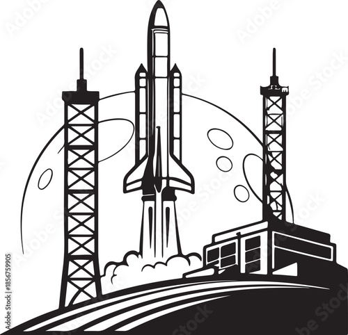 Futuristic rocket launching from moon base silhouette vector