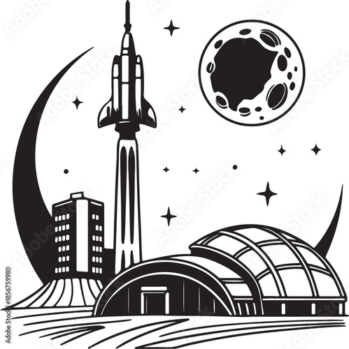 Futuristic rocket launching from moon base silhouette vector