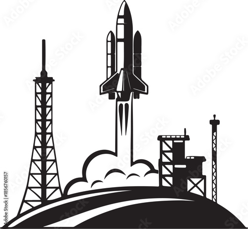 Futuristic rocket launching from moon base silhouette vector
