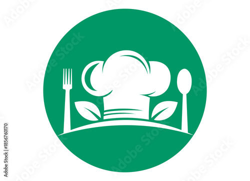 A stylized illustration of a chef's hat, flanked by a fork and spoon, with green leaves, symbolizing healthy and fresh cuisine. This logo represents culinary excellence and wholesome dining experience