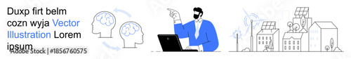 Artificial intelligence, innovation, remote work, sustainable energy, urban planning, professional growth. A man at a laptop, brain icons and eco-friendly buildings. Artificial intelligence