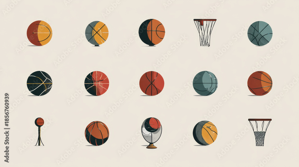 Fototapeta premium Set of basketball icons presented in multiple styles, including flat design, suitable for sports apps, web interfaces, branding, and graphic projects.