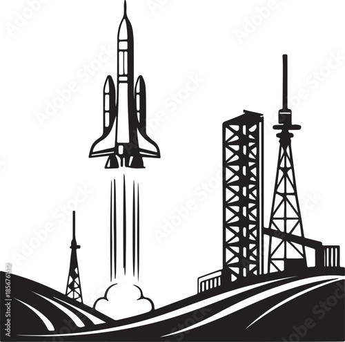 Futuristic rocket launching from moon base silhouette vector