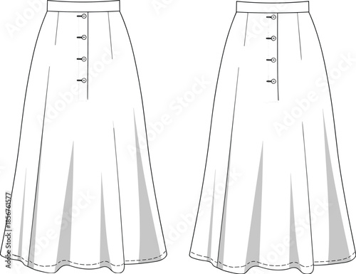 Fashion technical drawing of long A-line skirt with button front detail, front and back flat sketch illustration for apparel design