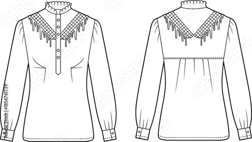 Fashion technical drawing of long sleeve blouse with decorative yoke, button placket and gathered details, front and back flat sketch