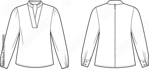 Fashion technical drawing of long sleeve blouse with split neckline and gathered collar, front and back flat sketch illustration