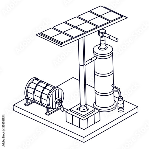 a schematic line drawing illustrating a solar powered water pump system with storage components high quality