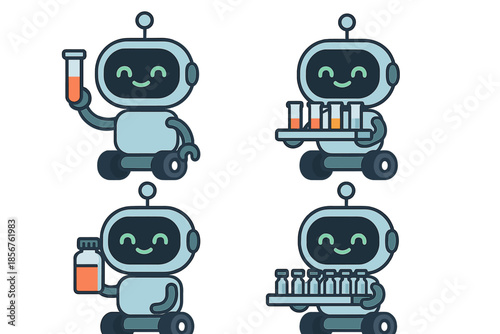 Cute Robot Characters Holding Laboratory Vials
