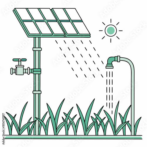Solar powered water pump illustration showing sustainable energy use for irrigation and household water needs
