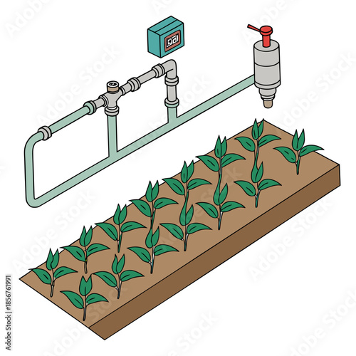 An illustrated depiction of an automated irrigation system watering a rectangular plot of young green plants