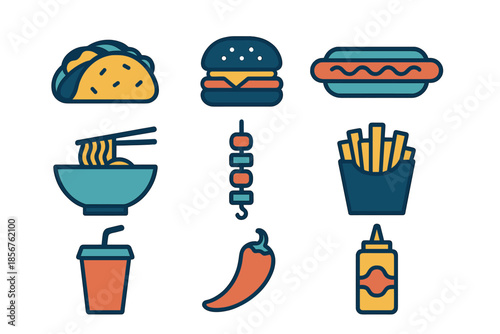 Collection of Neon Food Icons on Dark Background