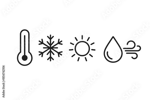 Weather icons: thermometer, snowflake, sun, water drop, and wind
