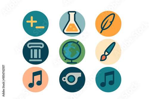 Set of 9 educational icons on a blurred background