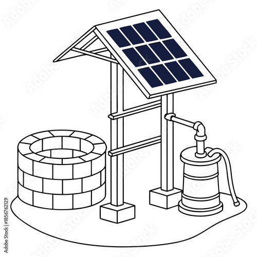 A simplified illustration depicts a solar powered water pump alongside a traditional well structure showing sustainable technology