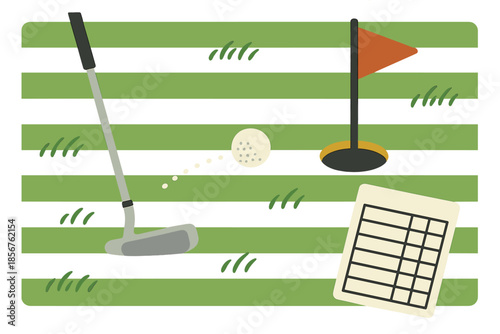 Golf game with scorecard, ball, and putter