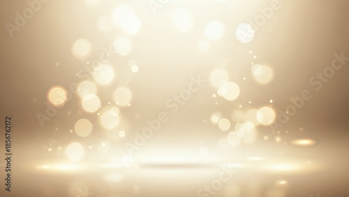 Golden cinematic background with sparkling light particles and empty stage floor