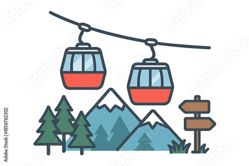Cable Car Ride Over Snowy Mountains and Pine Trees