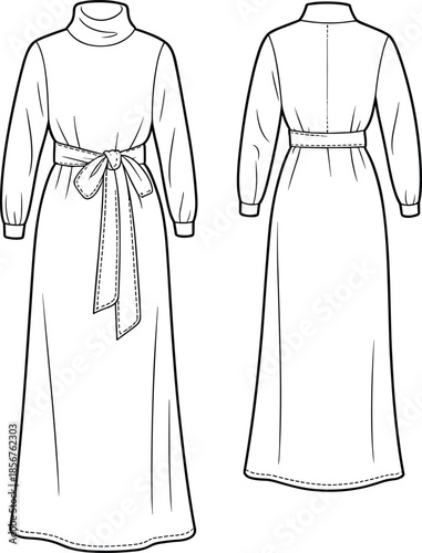 Fashion technical drawing of long sleeve maxi dress with waist tie belt and high neckline, front and back flat sketch illustration