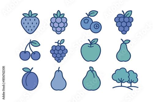 Fruit and Tree Icons with Glowing Outline