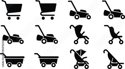 Black baby stroller shopping cart lawn mower wagon silhouette icon set, transport childcare ecommerce equipment symbols isolated vector collection