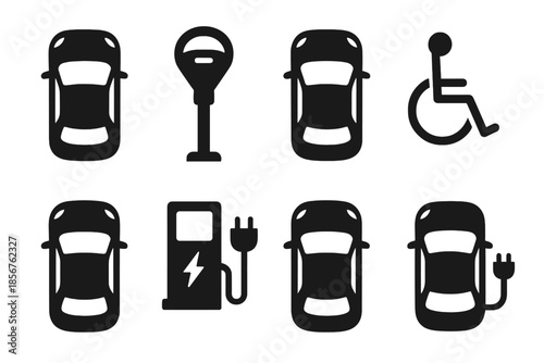 Set of dark icons for parking lot services and electric vehicles