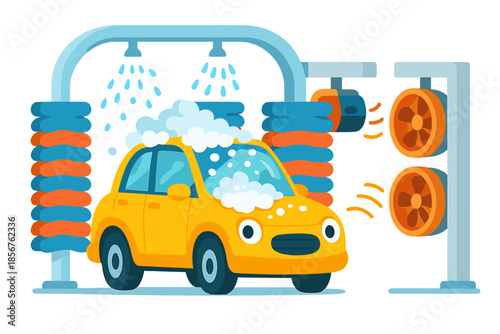 Cartoon car at automated car wash with soap and fans