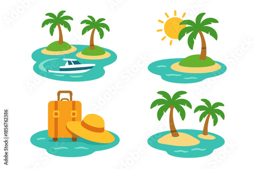 Tropical vacation icons with palm trees, islands, and suitcase