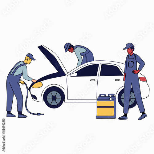 Automotive mechanics diligently working on a white car performing maintenance and repairs with specialized tools