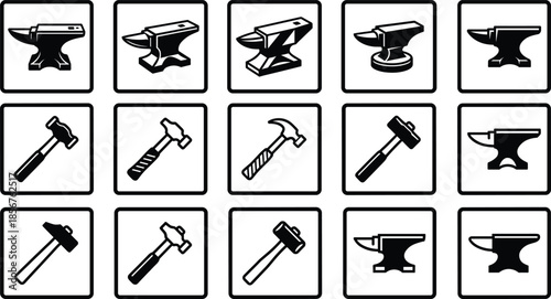 Blacksmith anvil and hammer icons set, forging tools collection, metalwork equipment symbols, black white vector illustration isolated