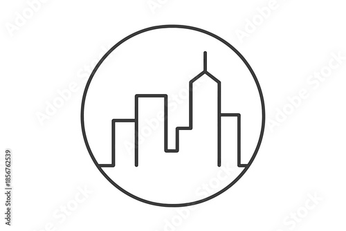Monochromatic city skyline silhouette within a circle
